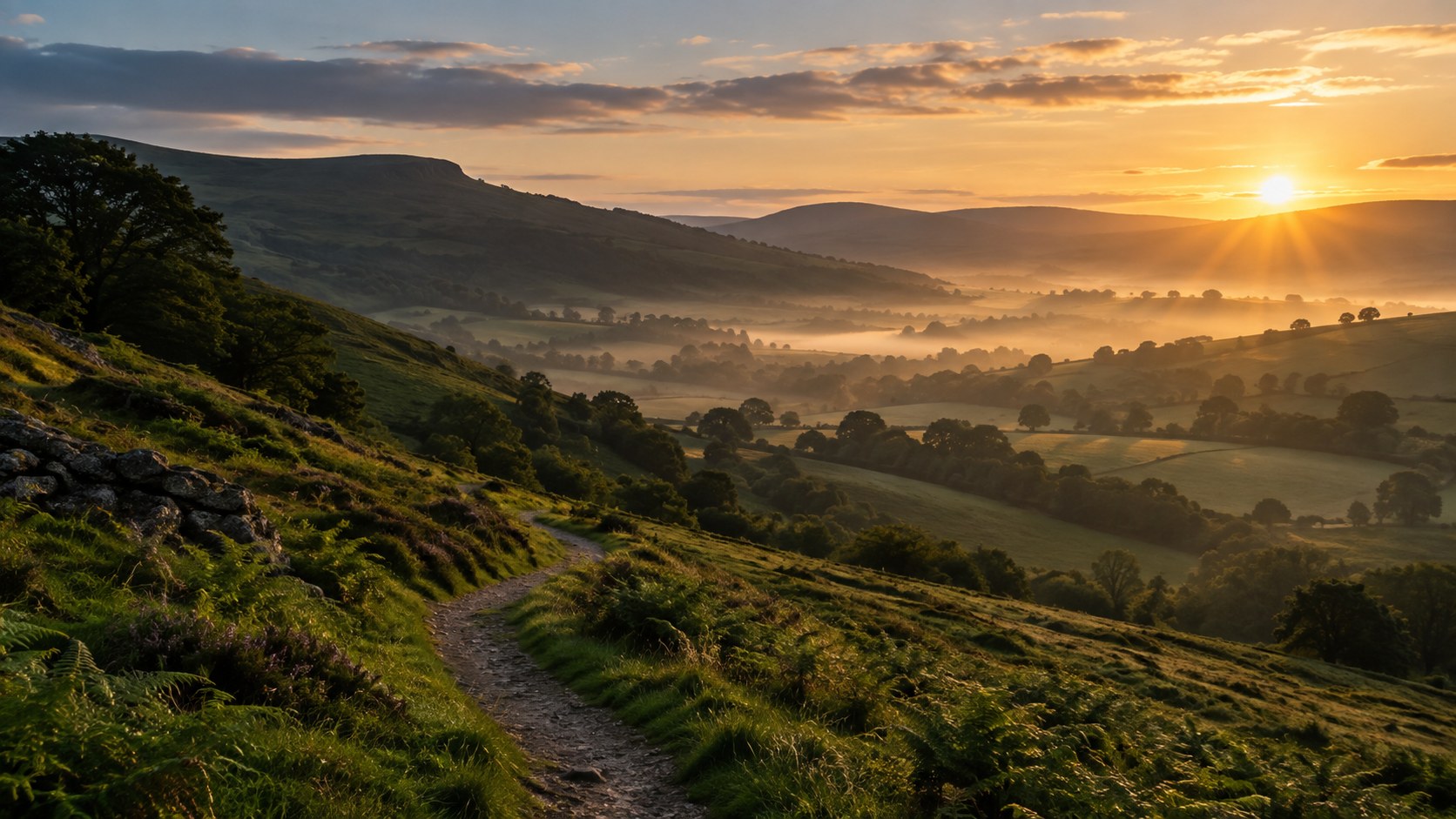 Sunrise over a quiet path through green hills